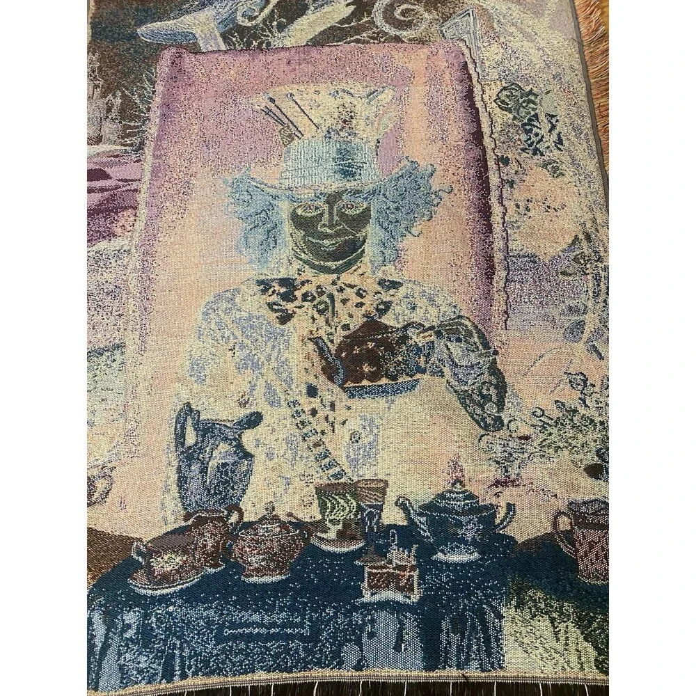 Mad Hatter Tea Party Woven Throw Tapestry Fringe Alicecore Wall Hanging 60